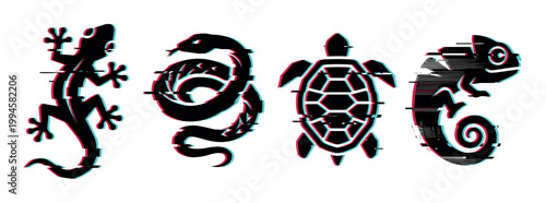 Stylized reptile silhouettes with a vibrant digital glitch effect, depicting a lizard, snake, turtle, and chameleon.