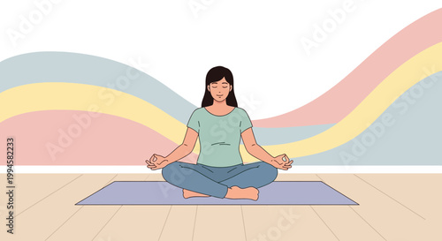 Woman Meditating in Lotus Pose on Yoga Mat, Peaceful Mind, Serene Background