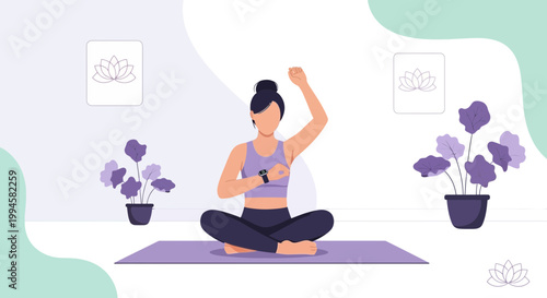 Woman meditating in lotus pose on yoga mat, practicing mindfulness and wellness at home