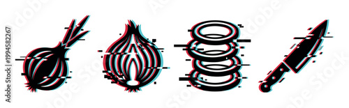 Onion, knife, and onion rings vector illustration with a modern digital glitch effect, representing cooking and food preparation.
