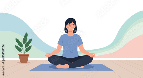 Woman meditating in lotus position, practicing mindfulness and deep breathing for relaxation