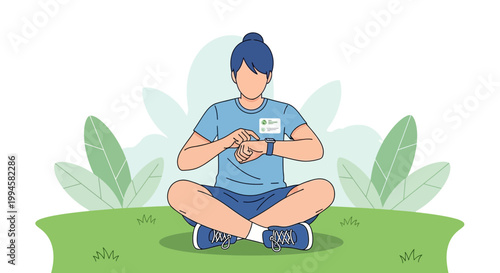 Woman Meditating Outdoors, Checking Smartwatch for Wellness Tracking