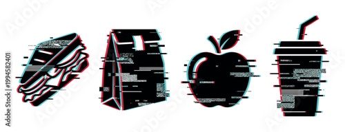 Glitch art style illustration of a sandwich, lunch bag, apple, and drink cup with digital distortion effects.