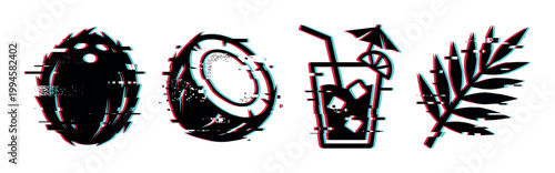 Tropical summer icons with glitch effect featuring coconuts, a refreshing drink, and a palm leaf in a modern digital style.