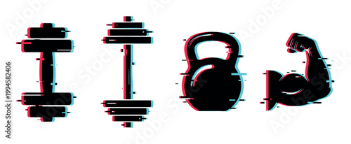 Collection of fitness equipment and flexing bicep icons featuring a modern digital glitch effect, representing strength and workout.