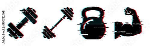 Fitness equipment and muscle icons with a modern glitch effect, representing strength, workout, and digital sport concepts.