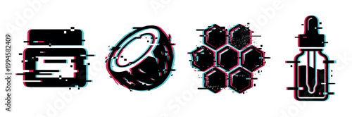 Natural beauty and wellness product icons with a modern digital glitch effect, representing organic ingredients and skincare solutions.