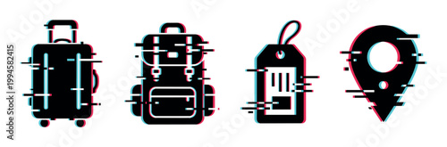 Travel icons with digital glitch effect featuring a rolling suitcase, hiking backpack, luggage tag, and navigation pin, representing modern journey concepts.