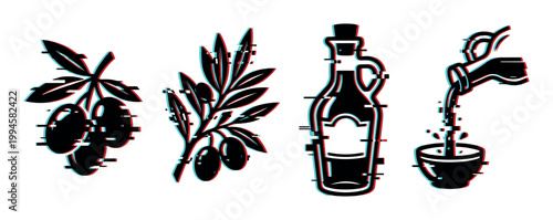 Glitch effect icons of olive branches, an olive oil bottle, and oil being poured into a bowl, representing healthy cooking.