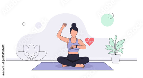 Woman meditating with smartwatch, heart rate monitor, and lotus flower illustration