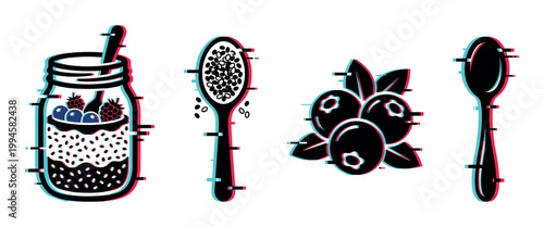 Breakfast food icons, including a layered jar, spoons, and fresh berries, presented with a digital glitch effect.