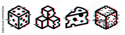 Glitch art elements featuring a dice, stacked cubes, cheese slice, and pixelated shape with anaglyph 3D effect.