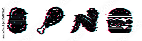 Fast food items with glitch effect including chicken nugget, drumstick, wings, and hamburger in a modern digital style.