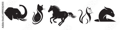 Black silhouettes of a cat, dragon, horse, snake, and elephant Vector