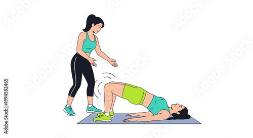 Woman performing glute bridge exercise with trainer assisting, fitness and workout concept