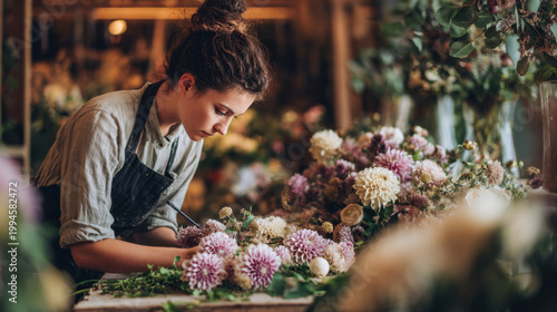 Young florist carefully arranging flowers at a worktable in a cozy floral studio