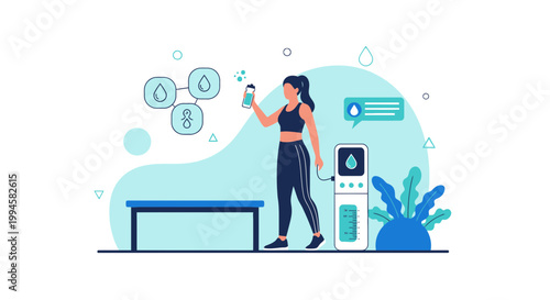 Woman using smart water dispenser for hydration during workout, technology and fitness concept