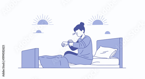 Woman Waking Up in Bed, Checking Smartwatch, Sunrise Background