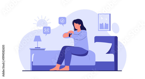 Woman Wakes Up Checking Smartwatch, Morning Routine, Sunrise, Daily Schedule Planning