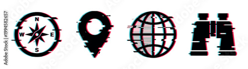 Glitch effect navigation icons including a compass, map pin, globe, and binoculars for digital travel and exploration concepts.
