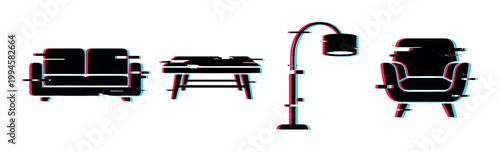 Sofa, table, lamp, and armchair silhouettes with a modern glitch effect for interior design concepts.