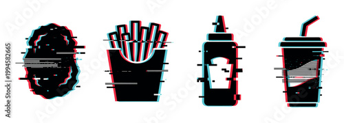 Fast food items with digital glitch effect, including french fries, soda, chicken nugget, and ketchup bottle, representing modern digital art and technology.