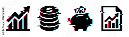 Financial icons set with glitch effect showing growth, money, savings, and reports in a modern digital style.