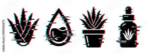 Aloe vera plant, drop, and bottle icons with a modern digital glitch effect, representing natural skincare and wellness.