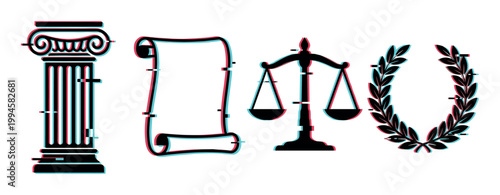 Justice symbols, law scroll, balance scales, and laurel wreath with a modern digital glitch effect illustration.