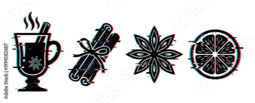 Mulled wine ingredients and hot drink spices with a modern glitch effect, perfect for winter holiday designs.