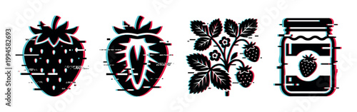 Strawberry fruit, plant, and jam icons with a modern digital glitch effect, representing fresh berries and sweet preserves.