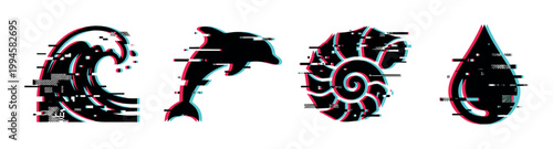 Glitch art style icons featuring a wave, dolphin, nautilus shell, and water drop, representing digital distortion and marine themes.