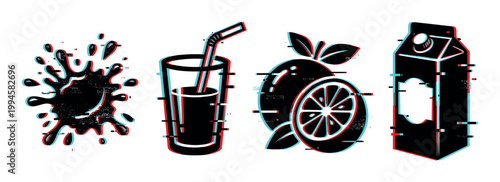Beverage and liquid icons with a modern glitch effect, featuring a splash, a drink in a glass, an orange, and a carton.