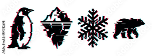 Penguin, iceberg, snowflake, and polar bear silhouettes with a modern digital glitch effect representing arctic and winter themes.