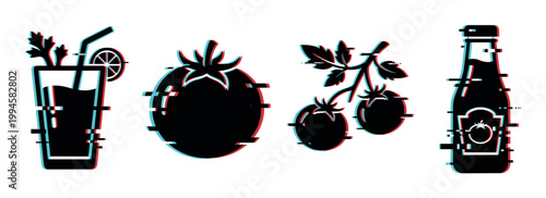 Tomato product icons with digital glitch effect, including juice, fresh vegetables, and sauce bottle, representing food and drink concepts.