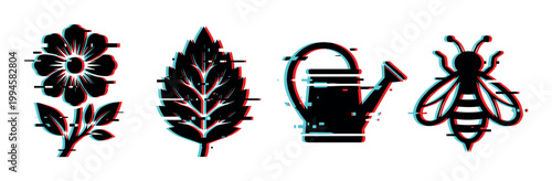 Flower, leaf, watering can, and bee icons with a modern glitch effect, representing nature and gardening themes.