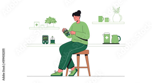 Woman with diabetes monitoring blood sugar and knitting at home