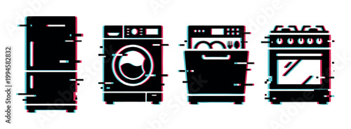 Modern home appliances set with a digital glitch effect, including a refrigerator, washing machine, dishwasher, and stove, representing technology issues.
