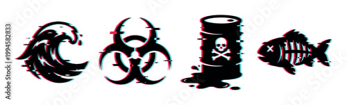 Environmental pollution warning symbols depicted with a modern digital glitch effect, illustrating various ecological threats and dangers.