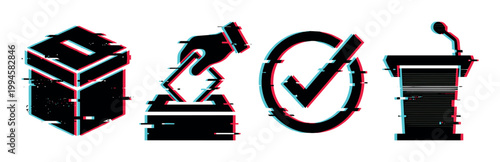 Election and voting symbols with modern digital glitch effect, representing political process, democracy, and public speaking.