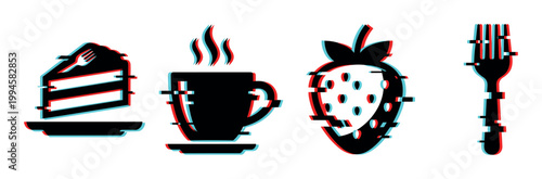 Glitch effect food icons set featuring cake, hot drink, strawberry, and fork with digital distortion and modern aesthetic.