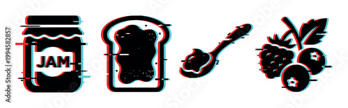Jam jar, bread, spoon, and berries icons with a modern digital glitch effect, representing breakfast food and fruit.