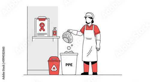 Worker Disposing of PPE Gear in Bin, Hygiene and Safety Concept