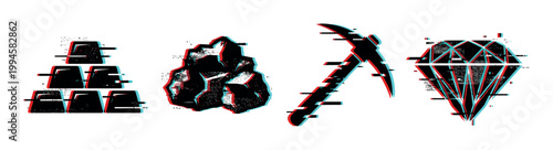 Mining resources and wealth represented by gold bars, coal, a pickaxe, and a diamond with a modern digital glitch effect.