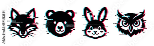 Modern glitch art animal faces of a fox, bear, rabbit, and owl with a cool digital distortion effect.