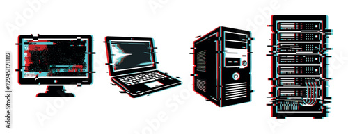 Monitor, laptop, desktop computer, server rack displaying a digital glitch effect with red and cyan anaglyph distortion.