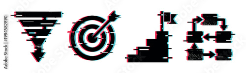 Glitch effect business icons set featuring sales funnel, target with arrow, progress chart, and workflow flowchart for digital strategy.
