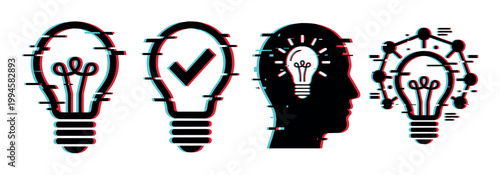 Glitch effect lightbulbs representing innovative ideas, creative thinking, problem-solving, and digital inspiration with modern visual distortion.