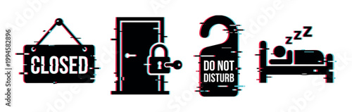 Glitch effect icons set featuring a closed sign, locked door, do not disturb hanger, and sleeping person symbol with digital distortion.