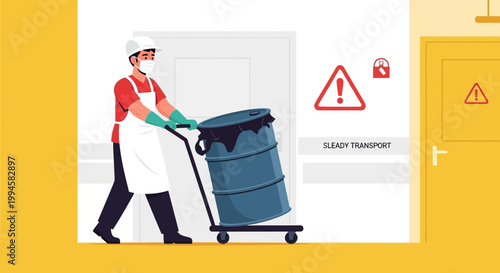 Worker in protective gear transports hazardous waste barrel on dolly, safety warning signs